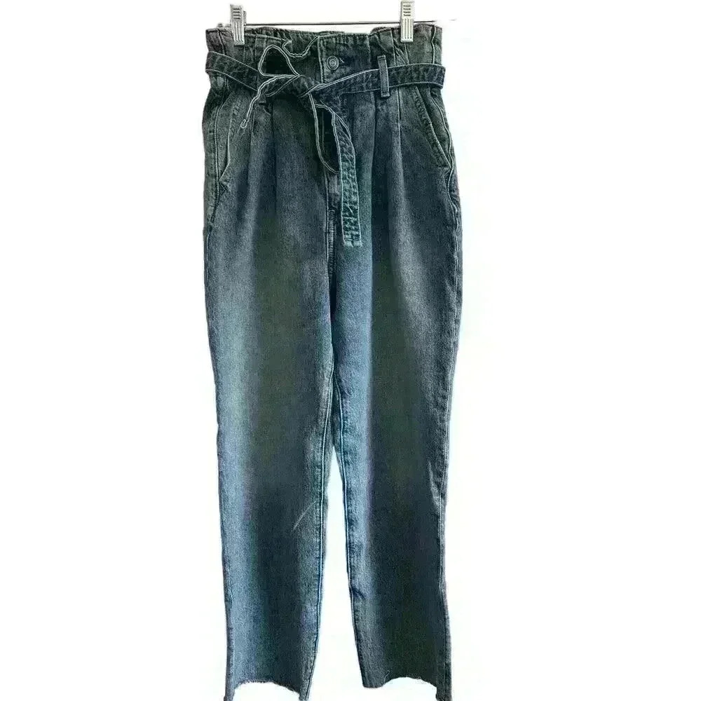 Abercrombie & Fitch Mom Jean Paper Bag Raw Hem Tie High Rise Blue Tie 26 2 Reg